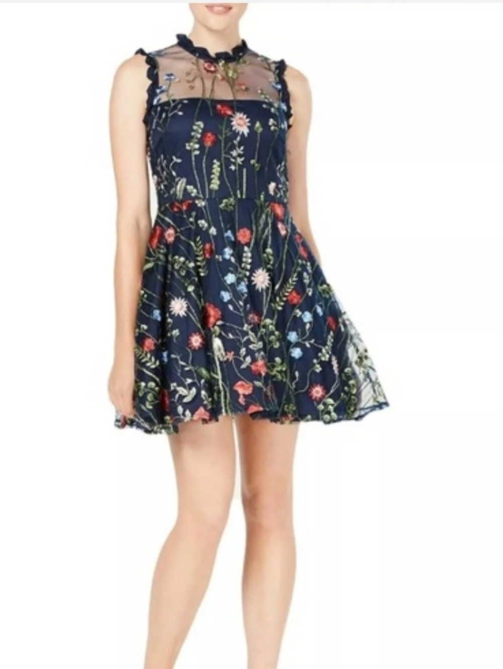Macy's Navy Floral Embroidered Circle Skirt